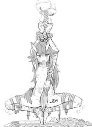 arms_up blush bondage bondage bound bound_wrists braid breasts character_request feet_together female female greyscale long_hair monochrome nipples nude open_mouth small_breasts solo survival_yaiba