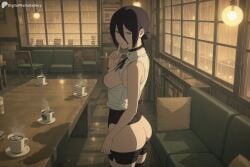 1girl ai_generated ass bare_shoulders black_choker black_hair black_shorts black_thighhighs breasts breasts_out cafe chainsaw_man chair choker clothes_pull coffee collared_shirt couch cup digitalwaifugallery from_side green_eyes hair_between_eyes hair_bun hi_res high_quality high_resolution indoors looking_at_viewer medium_breasts neck_ribbon nipples no_bra open_clothes patreon patreon_username pillow rain reze_(chainsaw_man) ribbon seductive sexy shirt short_hair shorts shorts_pull single_hair_bun sleeveless sleeveless_shirt smile solo table teacup thighhighs uncensored watermark white_shirt window