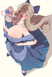 autopaizuri autopaizuri_under_clothes bar_censor bare_shoulders blonde_hair blue_bow blue_dress blue_flower blue_nails blue_rose blue_shoes blush bow braid breasts censored closed_eyes commentary_request curled_ends dress dress_flower erection female flower from_above full_body futanari gigantic_penis hairbow half_up_braid hand_on_own_hip hand_up highres huge_breasts jewelry long_hair masturbation nail_polish necklace off-shoulder_dress off_shoulder ojou-sama_pose open_mouth original paizuri penis penis_ribbon penis_shadow ribbon rose shoes sidelocks smile solo standing yana_(nekoarashi)