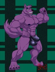 2018 4_toes 5_fingers abs animal_genitalia animal_penis anthro bernard_(ok_k.o.!_lbh) biceps bulge canine canine_penis claws clothed clothing eyebrows fingerpads flaccid flexing fully_sheathed fur green_background grin hair hand_on_hip hungothenomster looking_aside male male_only mammal muscular muscular_male muscular_thighs nipples ok_k.o.!_let's_be_heroes paws pecs penis penis_outline penis_shaped_bulge pose presenting purple_fur purple_hair purple_skin sharp_teeth sheath simple_background smile solo standing teeth tight_underwear toes topless were werewolf