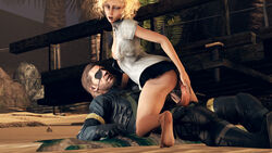 1boy 3d barefoot beard big_boss black_skirt blonde_hair clothed_sex codec2 cowgirl_position erection eyepatch facial_hair female indoors metal_gear_(series) metal_gear_solid metal_gear_solid_v miniskirt no_bra open_clothes open_shirt paz_ortega_andrade penis short_hair skirt straddling straight uncensored venom_snake