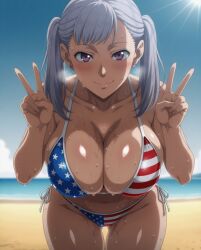 1female 1girls ai_generated american_flag_bikini beach bending_over big_breasts bikini black_clover blush blushing_at_viewer blushing_female breasts breasts_focus female_focus female_only large_breasts noelle_silva outdoors purple_eyes shiny_skin solo solo_female sunny tagme wet wet_body white_hair peace_sign double_peace_sign