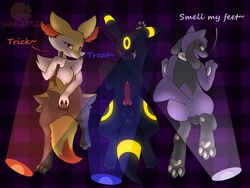 1boy 2018 2girls 3_fingers 3_toes all_fours alternate_color anatomically_correct anatomically_correct_pussy animal_genitalia animal_penis animal_pussy anthro anus ass ass_up belly big_ears bioluminescence black_eyes black_fur braixen canine canine_penis canine_pussy chest_tuft darkwufflez eeveelution english_text erection feet female feral foot_fetish foot_focus fox furry glowing group half-closed_eyes hand_behind_head hi_res inviting knot licking_lips lights looking_at_viewer lying male mammal nintendo nude on_back orange_eyes original_character pawpads paws penis pokémon_(species) pokemon pokemon_(species) pokemon_dppt pokemon_gsc pokemon_xy presenting purple_background purple_fur pussy red_eyes red_sclera riolu smile spotlight spread_legs spread_pussy spreading stick testicles text thick_thighs toes tongue tongue_out tuft umbreon video_games watermark wide_hips yellow_fur