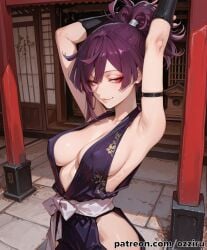 absurd_res ai_generated alternate_version_at_source alternate_version_available anime anime_girl anime_screencap anime_style arms_behind_head arms_up cute cute_face day dojo female female_focus half-closed_eyes hi_res highres hot indoor indoors inside jigokuraku looking_at_viewer morning ozziru patreon ponytail purple_hair revealing_clothes seductive seductive_look self_upload sexy shrine shrine_maiden smug smug_face solo solo_female solo_focus standing temple tied_hair uncensored yuzuriha_(jigokuraku)