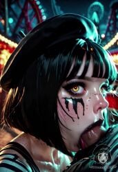 1boy ai_generated ai_video alberist audio beret black_hair black_lipstick blunt_bangs bob_cut body_freckles carnival clothed clown cum cum_in_mouth deepthroat eyeshadow facepaint fellatio female freckles large_penis looking_at_viewer makeup mime moaning moaning_on_cock oral oral_sex original_character outdoor_sex striped_shirt suspenders tagme thick_lips video yellow_eyes