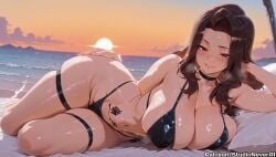ai_generated bare_shoulders beach bikini black_bikini black_choker black_hair blush breasts brown_eyes cana_alberona choker cleavage cloud collarbone fairy_tail female large_breasts long_hair looking_at_viewer lying meitabuu navel not_real_art ocean on_side orange_sky outdoors pubic_tattoo skindentation sky smile solo sun sunset swimsuit tattoo thigh_strap thighs wet