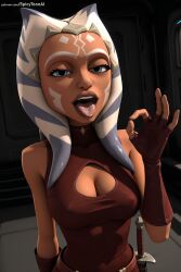 spicytoonai ai_generated patreon seductive sexy uncensored watermark hi_res high_quality high_resolution ahsoka_tano clone_wars 1girl breasts solo fingerless_gloves gloves blue_eyes tongue weapon cleavage tongue_out sword medium_breasts cleavage_cutout looking_at_viewer belt