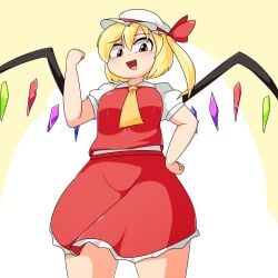 ass_expansion blush breast_expansion clenched_fist flandre_scarlet hand_on_hip japanese_text manorea notice_lines open_mouth paid_reward_available sequence smile textless touhou