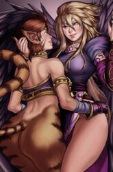 2girls animal_ears ass back bare_legs black_wings blonde_hair breasts breath_of_fire breath_of_fire_ii brown_hair cat_ears cat_girl cat_tail closed_mouth clothing couple dress eye_contact facial_mark female female_only friends grin hardstonesmcflintcock highres hug interspecies katt legs lips long_hair looking_at_another medium_breasts multiple_females multiple_girls mutual_yuri neck_ring nina_(breath_of_fire_ii) parted_lips pelvic_curtain purple_dress romantic short_hair side_slit smile standing tail wings yuri