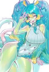 tsuchu0 tsuchu tsuchu_(opyatetalali) hatsune_miku vocaloid tagme slime slime_girl slime_monster blue_hair green_skin yellow_eyes tongue tongue_out smile looking_at_viewer peace_sign bodysuit breasts sideboob slim_waist wide_hips thick_thighs voluptuous sitting tail one_eye_closed