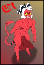 1boy big_balls big_penis completely_nude_male demon demon_horns demon_tail erect_penis erection hellaverse helluva_boss huge_cock imp moxxie_(helluva_boss) muscles muscular muscular_male nude nude_male red_body red_skin sharp_nails sharp_teeth solo solo_male vivienne_medrano white_hair yellow_eyes