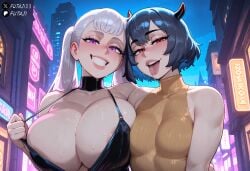 2girls after_kiss ai_assisted ai_generated big_breasts black_clover black_dress blush breasts bursting_breasts busty busty_female choker cleavage curvy curvy_female dress futaji horns huge_breasts hugging hugging_another light-skinned_female looking_at_viewer night noelle_silva open_mouth public_exposure pulling_clothing purple_eyes red_eyes saliva_trail secre_swallowtail seductive_smile short_hair sleeveless_dress small_breasts street teasing teasing_viewer teeth thick_lips tongue_out twintails watermark white_hair