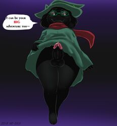 1boy anthro balls black_fur blush clothing_lift deltarune erection fur hat hi_res humanoid_penis looking_down male male_only penis precum ralsei ralsei_with_black_fur scarf shinsuke simple_background solo text undertale_(series)