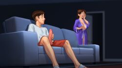1boy 1boy1girl 1girls 2d_(artwork) background_character balls big_breasts blush blushing breasts brown_hair caught caught_in_the_act caught_masturbating cleavage clothed clothing couch darkcookie debbie_(summertime_saga) digital_drawing_(artwork) digital_media_(artwork) erect_penis erection jerking jerkingoff light-skinned_female light-skinned_male light_skin looking_at_penis looking_down main_character_(summertime_saga) masturbating masturbation milf on_couch penis penis_out robe smile smiling stroking stroking_cock stroking_penis summertime_saga