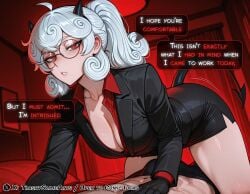 1girls ai_assisted ai_generated all_fours blush blush_lines curvy dialogue eyewear helltaker helltaker_(character) leaning_over medium_breasts pandemonica_(helltaker) pinned pinned_down pinned_to_bed text text_box text_bubble voluptuous voluptuous_female