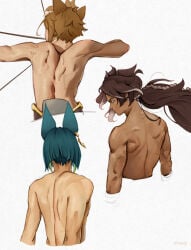 3boys archer back back_view dog_boy dog_ears flexing flexing_back fox_boy fox_ears genshin_impact gorou_(genshin_impact) green_hair long_hair long_hair_male male male_only nude ponytail sethos_(genshin_impact) shirtless shirtless_male tighnari_(genshin_impact) training