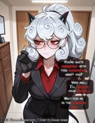 1girls ai_assisted ai_generated blush blush_lines curvy dialogue eyewear helltaker helltaker_(character) medium_breasts pandemonica_(helltaker) solo text text_box text_bubble voluptuous voluptuous_female
