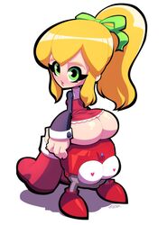 1girls blonde_hair blsh bottomless bubble_butt dress eddie eddie_(mega_man) heart_eyes looking_at_viewer mega_man mega_man(classic) ponytail ribbon robot robot_girl roll sitting tagme thick_eyebrows