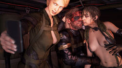 1boy 2girls 3d age_difference beard big_boss blonde_hair blurry breasts cellphone depth_of_field eyepatch facial_hair gloves laughing_wallaby looking_at_another medium_breasts metal_gear_(series) metal_gear_solid metal_gear_solid_v moustache multiple_girls navel no_bra phone quiet_(metal_gear) self_shot smartphone suspenders topless venom_snake