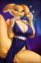 2018 anthro big_breasts black_nose blurred_background breasts choker cleavage clothed clothing cum cum_on_leg digimon dress female fur hi_res looking_at_viewer multicolored_fur nipple_bulge renamon smile solo tan_fur teeth thick_thighs two_tone_fur wolvalix yellow_fur