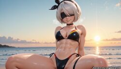 abs ai_generated beach bikini black_bikini black_blindfold black_choker black_hairband blindfold breasts choker cleavage covered_eyes female hairband medium_breasts meitabuu mole mole_under_mouth navel nier nier:_automata nier_(series) ocean outdoors parted_lips short_hair side-tie_bikini_bottom sitting sky smile solo spread_legs sunset swimsuit white_hair yorha_2b