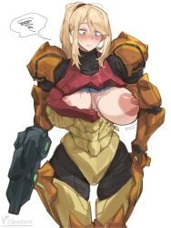alternate_breast_size_(larger) annoyed areola_slip arm_at_side arm_cannon armor artist_name blonde_hair blue_bodysuit blue_eyes bodysuit breastplate breasts broken_armor closed_mouth curvy female hair_between_eyes hand_on_own_hip high_ponytail huge_breasts huge_nipples iparupua large_areolae long_hair looking_down metroid missing_headwear mole mole_under_mouth nintendo one_breast_out parted_bangs ponytail power_armor power_suit_(metroid) raised_eyebrows samus_aran shoulder_armor solo speech_bubble spoken_squiggle squiggle sweat tagme torn_bodysuit torn_clothes varia_suit weapon