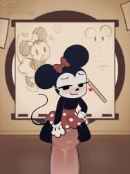 bottomless bowtie disney larger_male looking_at_viewer minnie_mouse mouse red_bowtie riding riding_penis sitting sitting_on_penis skirt smaller_female tiny_female topless