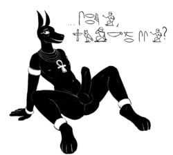 2018 abs ankh anthro anubian_jackal anubis armband balls black_fur black_penis canine deity erection fur hieroglyphics hladilnik jackal lying male male_only mammal nipples nude penis perineum simple_background smile solo