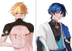 aether_(genshin_impact) bandaid bandaids_on_nipples bite bite_mark bite_mark_on_nipple bite_marks biting_clothes blush blush_lines blushed_face blushing blushing_male chest exposed exposed_nipples exposed_torso gay gay_male genshin_impact nipple_outline nipples nipples_outside scaramouche_(genshin_impact) seducing seductive seductive_eyes seductive_gaze seductive_look teasing torso_shot wanderer_(genshin_impact)
