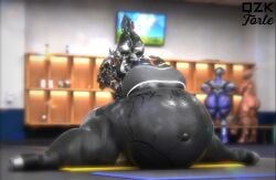 bbw belly big_belly big_breasts black_body bloated_belly breasts cleavage digest digested digested_prey digesting digesting_prey digestion exercise exercising fat_ass fat_belly fat_breasts fat_thighs female front_view high_heels huge_belly huge_breasts irona_(qzk_forte) large_belly mag_(warframe) overweight qzk_forte silver_body sports_bra spread_legs stretching stuffed_belly thick_thighs valkyr_(warframe) vore vore_belly warframe wide_hips yoga
