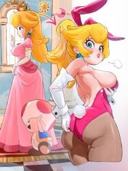 ass back bare_back blonde_hair blue_eyes breasts bunny_ears bunny_girl bunny_tail bunnysuit earrings elbow_gloves large_ass large_breasts lips looking_back mineru128127 pantyhose ponytail princess princess_peach royalty super_mario_bros. thick_lips toad_(mario)