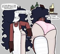 1boy 1femboy 2026 2d 2d_(artwork) alcohol alcohol_bottle apron arcaned_roses ass ass_cleavage ass_focus ass_view bare_legs black_hair bottle brown_gloves butt_cleavage butt_focus clothed clothing color colored dialogue digital_drawing_(artwork) digital_media_(artwork) english_text femboy gloves hair long_hair male onomatopoeia pale-skinned_femboy pale-skinned_male pale_skin pink_underwear pulling_own_clothes reaching reaching_for_object rear_view red_topwear roses_(roses_arcaned) roses_arcaned shoes simple_background speech_bubble text topwear underwear uniform whiskey whiskey_bottle white_apron worker