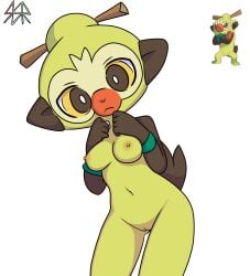 2025 5_fingers absurd_res anthro areola breasts brown_body brown_ears brown_eyes brown_fur brown_tail digital_media_(artwork) female female_anthro fingers front_view fur generation_8_pokemon genitals green_body green_fur hi_res looking_at_viewer medium_breasts multicolored_body multicolored_eyes multicolored_fur navel nintendo nipples nude nude_anthro nude_female pokemon pokemon_(species) pokemorph pupils red_body safersophieroth simple_background solo standing stick tail thwackey vulva white_pupils yellow_body yellow_breasts yellow_eyes yellow_fur