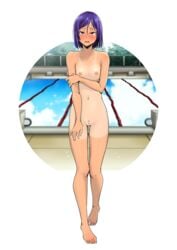 barefoot blush bob_cut breasts embarrassed feet female guglielmo hair_ornament hairclip highres innie_pussy nude open_mouth original pool poolside pubic_hair purple_hair pussy red_eyes school_swimsuit short_hair small_breasts solo swimsuit tan tanaka_mia tanline tears toes