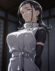 1girls ai_generated big_breasts black_eyes breasts dark earrings female fully_clothed hair imminent_sex jujutsu_kaisen jujutsu_kaisen_modulo yuka_okkotsu