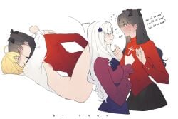3girls artoria_pendragon bangs black_hair blonde_hair blush cross fate/grand_order fate/stay_night fate/strange_fake fate_(series) girls_kissing ishtar_(fate) ishtar_(fate/strange_fake) kissing light-skinned_female light_skin long_hair n_asu_mi naked naked_female philia saber short_hair simple_background skirt small_breasts tohsaka_rin twintails white_background white_hair yuri
