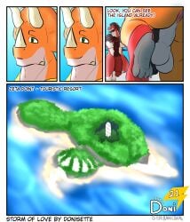 absurd_res anthro anus backsack balls beard big_penis body_hair bone_frill casual_nudity ceratopsian ceratopsid chasmosaurine chest_hair chomp_(dinosaur_king) clothing comic dialogue dinosaur dinosaur_king_(series) donisette duo facial_hair frill_(anatomy) genitals happy_trail hi_res horn island love male male/male marginocephalian ornithischian penis prehistoric_species reptile saurischian scalie swimming_trunks swimwear terry_(dinosaur_king) theropod triceratops tyrannosaurid tyrannosauroid tyrannosaurus tyrannosaurus_rex undressing