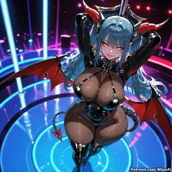 1girl ai_assisted ai_generated arms_up azur_lane bangs blue_hair blush bodysuit boots breasts cleavage curvaceous curvy curvy_female curvy_figure demon_girl demon_tail demon_wings earrings eyebrows_visible_through_hair female gloves high_heel_boots high_heels horns huge_breasts jewelry long_hair looking_at_viewer miyuai multicolored_hair regensburg_(azur_lane) shiny smile solo stripper succubus tail thick thick_ass thick_butt thick_hips thick_legs thick_thighs thigh_boots thighhighs thighs voluptuous voluptuous_female wide_hips wide_thighs wings yellow_eyes