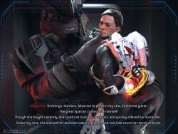 1boy 1boy1girl 1girls armor armored_female caressing_face dialogue grabbing_ass halo halo_(game) halo_(series) jiralhanae sarah_palmer sinthetic tagme targaneus_(sinthetic)