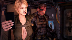 1boy 3d arm_over_shoulder bangs beard big_boss blonde_hair blood blood_on_face blue_eyes bodysuit breasts cellphone eyepatch facial_hair female laughing_wallaby male medium_breasts metal_gear_(series) metal_gear_solid metal_gear_solid_v moustache no_bra parted_bangs phone quiet_(metal_gear) scar self_shot selfie smartphone smile unzipped vehicle_interior venom_snake wink