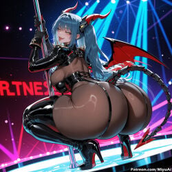 1girl ai_assisted ai_generated ass azur_lane bangs black_gloves blue_hair blush bodysuit boots breasts curvaceous curvy curvy_female curvy_figure female high_heel_boots high_heels holding horns large_breasts long_hair looking_at_viewer looking_back miyuai regensburg_(azur_lane) smile solo squatting star_(sky) starry_sky stripper tail thick thick_ass thick_butt thick_hips thick_legs thick_thighs thigh_boots thighhighs thighs tongue tongue_out twintails voluptuous voluptuous_female wide_hips wide_thighs wings yellow_eyes