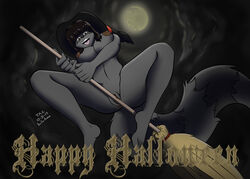 2017 anthro big_breasts black_hair black_nose breasts broom female fur grey_fur hair halloween hi_res holidays mammal moon nipples nude open_mouth procyonid pussy raccoon sailoranna solo tracy_(sailoranna)