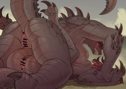 2girls anus asshole boob_squish breasts censor_bar censored censored_anus censored_genitalia censored_pussy deathclaw fallout female_deathclaw lizard lizard_girl looking_at_viewer looking_back looking_back_at_viewer monster monster_girl non-human on_top on_top_of_another pinned pinned_down pussy scale scalie_female tail tails yuri
