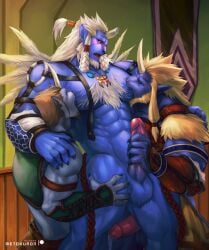 3boys abs artist_name bara beard biceps biran_ronso biting biting_nipple blonde_hair blue_fur blush broken_horn brown_hair claws english_commentary erection facial_hair feather_hair_ornament feathers final_fantasy final_fantasy_x furry furry_male hair_ornament handjob horns kimahri_ronso kuron_(metokuron) looking_at_another looking_down male_focus multiple_boys muscular muscular_male nipple_stimulation open_mouth paid_reward_available patreon_logo patreon_username pectorals penis pointy_ears precum ronso sex single_horn white_hair yaoi yenke_ronso