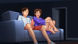 darkcookie summertime_saga 2d_(artwork) digital_drawing_(artwork) digital_media_(artwork) 1boy 1girls 1boy1girl debbie_(summertime_saga) main_character_(summertime_saga) light_skin light-skinned_female masturbation masturbating jerking jerkingoff stroking stroking_penis stroking_cock penis penis_out erection erect_penis balls clothing clothed pleasure_face looking_pleasured milf robe brown_hair couch on_couch looking_at_another rubbing rubbing_pussy thick_thighs