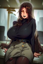 1futa absurd_res absurdres ai_generated althaean arm_support belt belt_buckle black_belt black_lips black_nails black_pantyhose black_shirt black_sweater breasts brown_hair brown_pantyhose buckle bulge captioned desk english_text erection eyeshadow female fingernails futanari golden_eyes grey_skirt huge_breasts huge_cock indoors large_breasts large_penis lipstick long_fingernails long_hair long_sleeves looking_at_viewer makeup nail_polish office on_desk open_mouth orange_eyes pantyhose parted_bangs pencil_skirt penis pent_up seductive_smile sharp_fingernails shirt shirt_tucked_in sitting sitting_on_desk skirt smile solo solo_futa sweater sweater_tucked_in testicles thaeia_(althaean) throbbing_penis turtleneck very_long_hair voluptuous voluptuous_futa window yellow_eyes