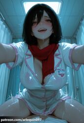 1boy ai_generated arlequin097 assertive_female attack_on_titan between_breasts black_hair blush breasts ceiling ceiling_light cleavage clothed_sex cowgirl_position curtains drooling female hair_between_eyes happy_sex heart heavy_breathing implied_sex indoors large_breasts lips looking_at_viewer medium_hair mikasa_ackerman name_tag nurse open_mouth outstretched_arms pov pubic_hair red_scarf saliva scarf see-through sex shiny shiny_skin shirt short_hair short_sleeves smile solo_focus straddling straight sweat teeth trembling upper_teeth_only wet wet_clothes white_shirt window