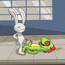 anthro argon_vile balls bodily_fluids chameleon closed_eyes crossover erection feet genital_fluids genitals glans hi_res humanoid_genitalia humanoid_penis lagomorph leporid lizard long_ears lying male male/male mammal max_(sam_and_max) on_back outside peeing peeing_on_another peeing_on_face penis pink_glans playtonic_games rabbit reptile sam_and_max scalie sharp_teeth sidewalk tail teeth urine urine_in_mouth urine_on_face urine_on_ground urine_on_tongue watersports white_body yooka yooka-laylee