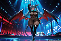 1girl ai_assisted ai_generated azur_lane blue_hair blush bodysuit boots breasts copyright_name covered_navel curvaceous curvy curvy_female curvy_figure demon_girl demon_tail demon_wings earrings female full_body gloves high_heel_boots high_heels horns jewelry large_breasts latex long_hair looking_at_viewer miyuai multicolored_hair navel regensburg_(azur_lane) shiny shiny_clothes skin_tight smile solo stripper succubus tail thick thick_ass thick_butt thick_hips thick_legs thick_thighs thigh_boots thighhighs twintails voluptuous voluptuous_female wide_hips wide_thighs wings yellow_eyes