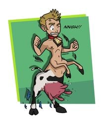 1boy 2018 abstract_background bovine cattle centaur clothed clothing comic cowbell cuntboy cuntboy_transformation english_text frankly-art fully_clothed hair hi_res humanoid intersex lactating male male_only male_to_cuntboy male_with_udders mammal mti_transformation short_hair solo standing taur taur_transformation teats text toony transformation udders